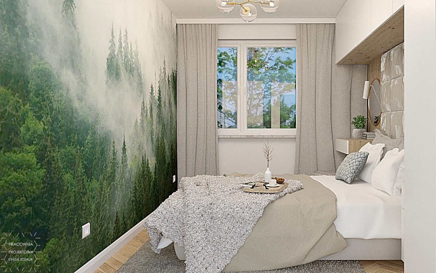 sypialnia z fototapetą las