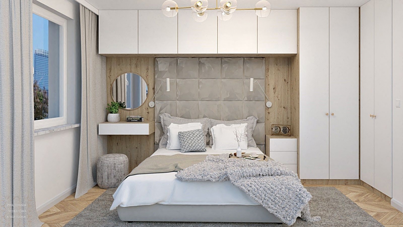 wisząca zabudowa nad łóżkiem w sypialni