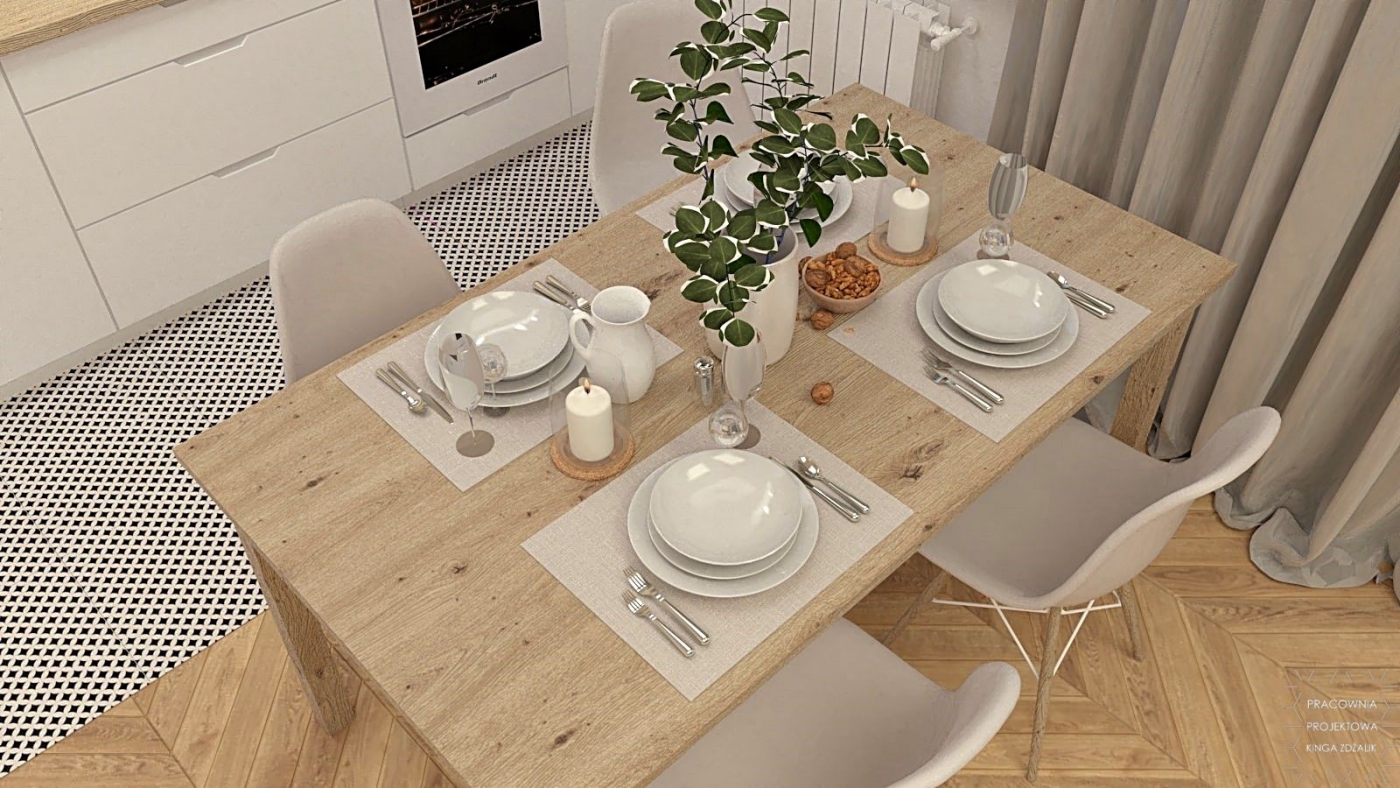 drewniany stół białe plastikowe krzesła