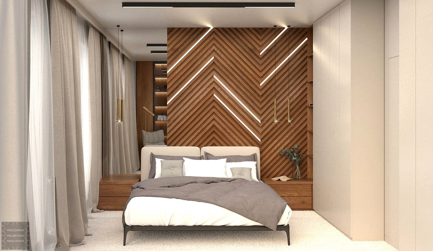 podświetlany drewniany zagłówek za łóżkiem