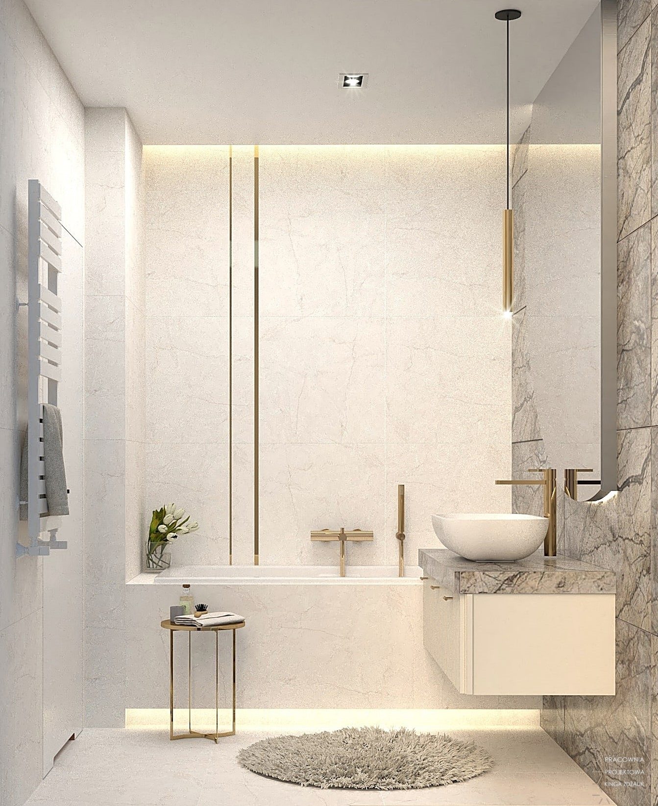 jasne płytki i złote dodatki w łazience
